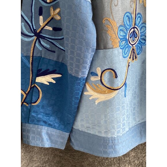 Women Indigo Moon Cotton Silk Embroidered Flower Patchwork Blue Teal Jacket  M - Picture 4 of 15